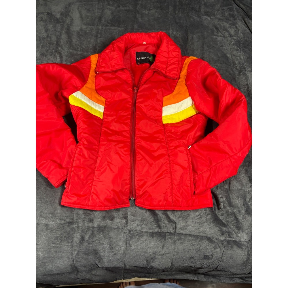 Vintage Aspen Ski Jacket Red Orange Rainbow Stripe 70s Retro Puffer‎ Womens S/M